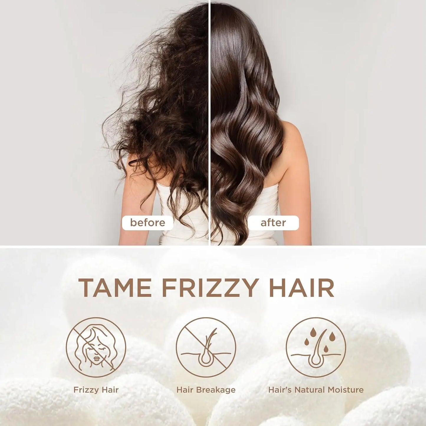 Before and after comparison of frizzy hair treated with a product, showing smooth, wavy hair.
