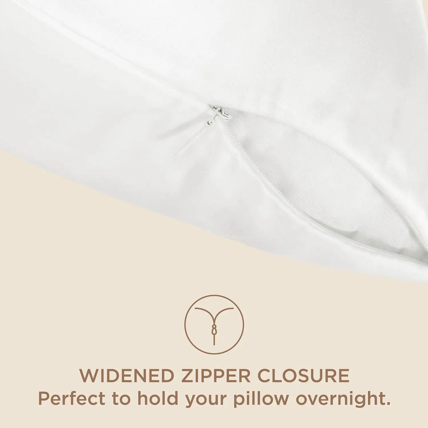 Close-up of a pillow with a widened zipper closure on a beige background