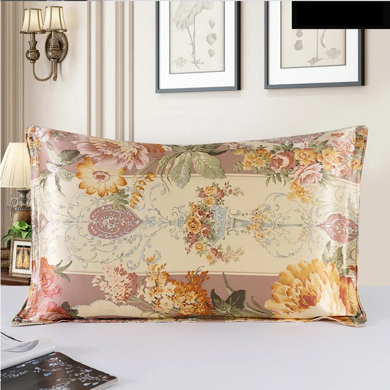 Floral patterned pillow on a bed with decorative elements in the background