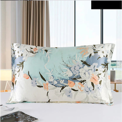 Floral patterned pillow on a bed in a bedroom setting