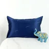 Blue pillowcase on a white background with an elephant toy in the corner.