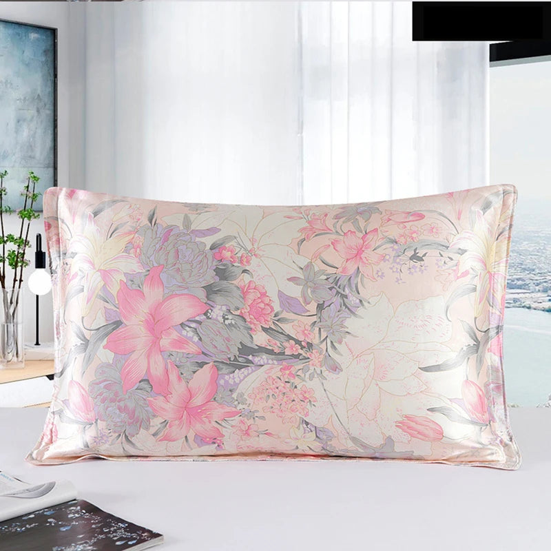 Floral patterned pillow on a bed in a bright room