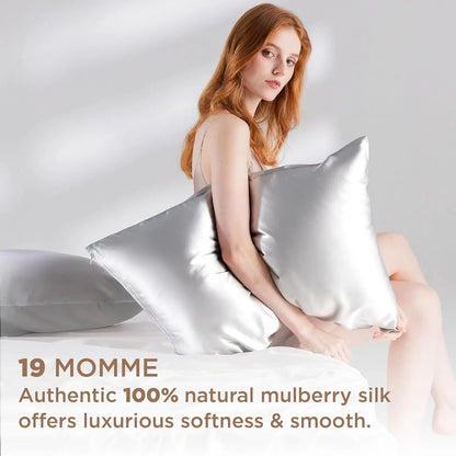 Woman holding a silk pillow with text about 19 Momme silk