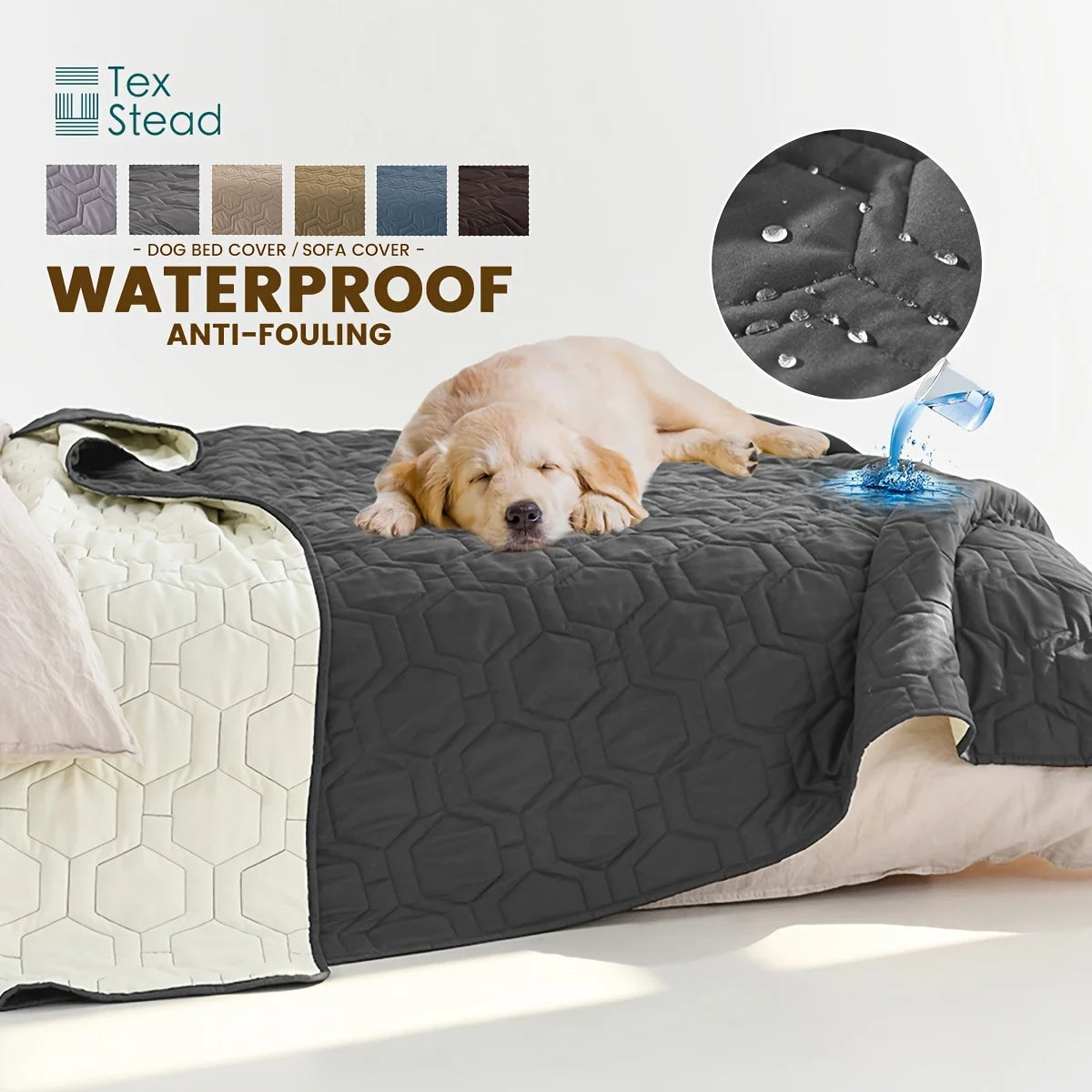 Dog lying on a waterproof cover with water being poured onto it, featuring TexStead branding.