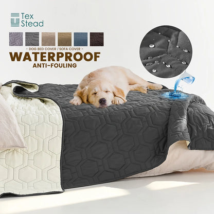 Dog lying on a waterproof cover with water being poured onto it, featuring TexStead branding.